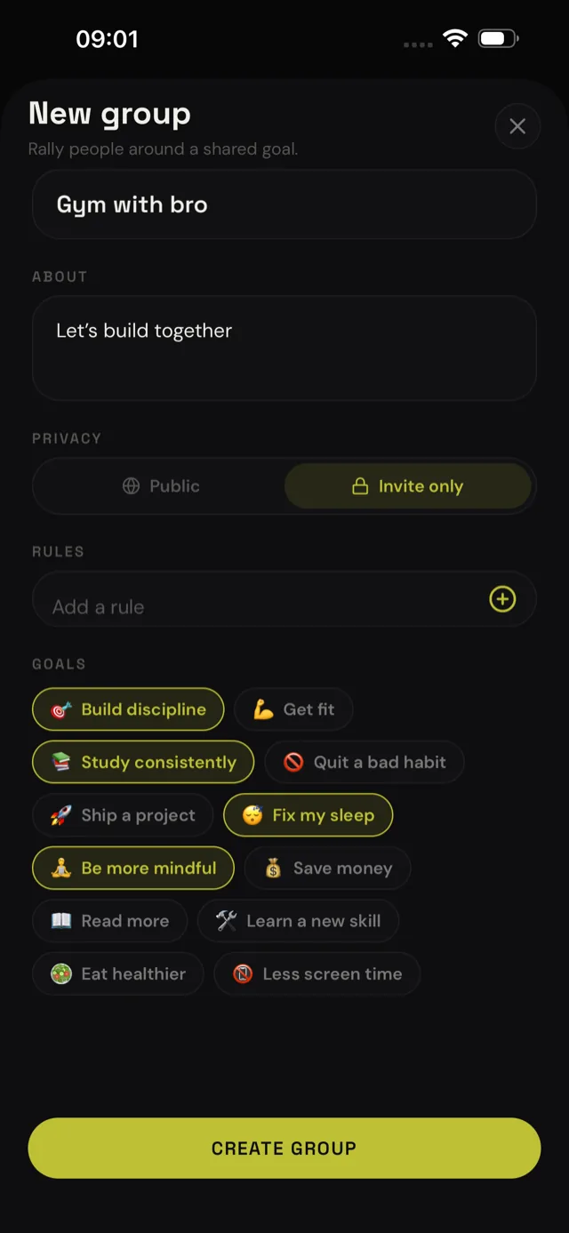 LockIn create group screen for shared accountability