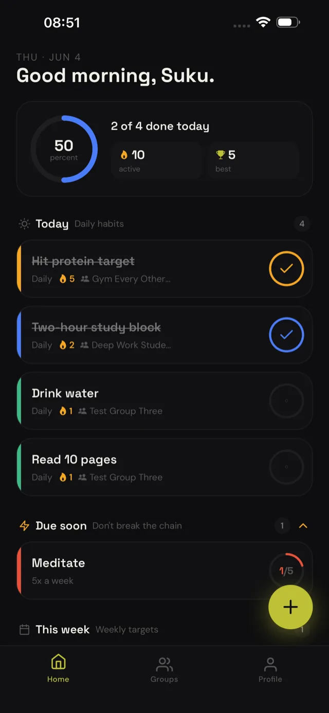 LockIn today view showing daily habits, progress ring, and streaks